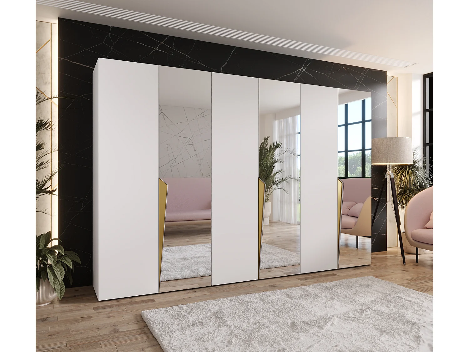 Drehtürenschrank Piano 2 300 (100x3) / 202 / 52 (Weiß + Griffe: Gold)