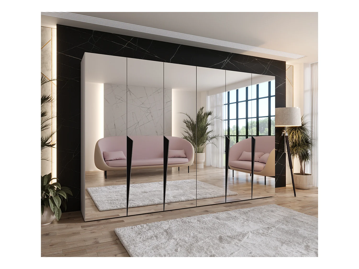 Armario con puertas batientes Piano 3 300 (150x2) / 202 / 52 (Cachemira + Asas: Negro)