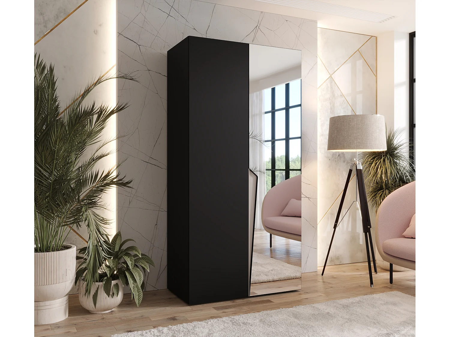 Armoire à portes battantes Piano 2 100 / 202 / 52 (Noir + poignées: Cachemire)