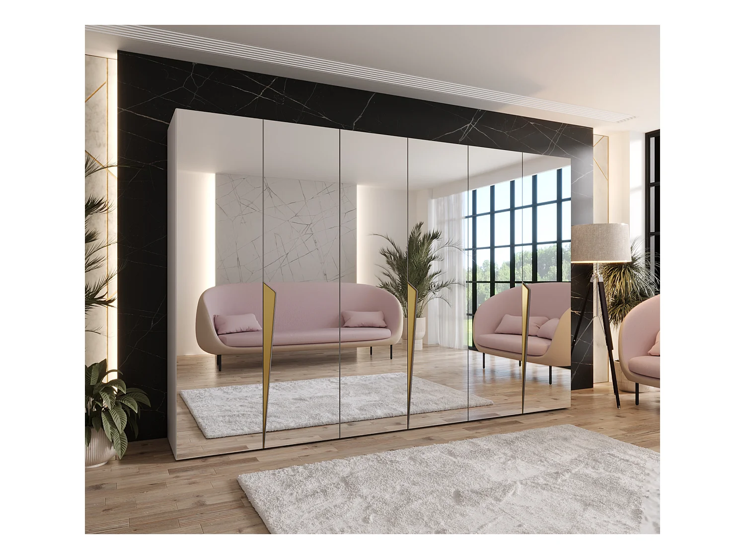 Armario con puertas batientes Piano 3 300 (100x3) / 202 / 52 (Cachemira + Asas: Oro)