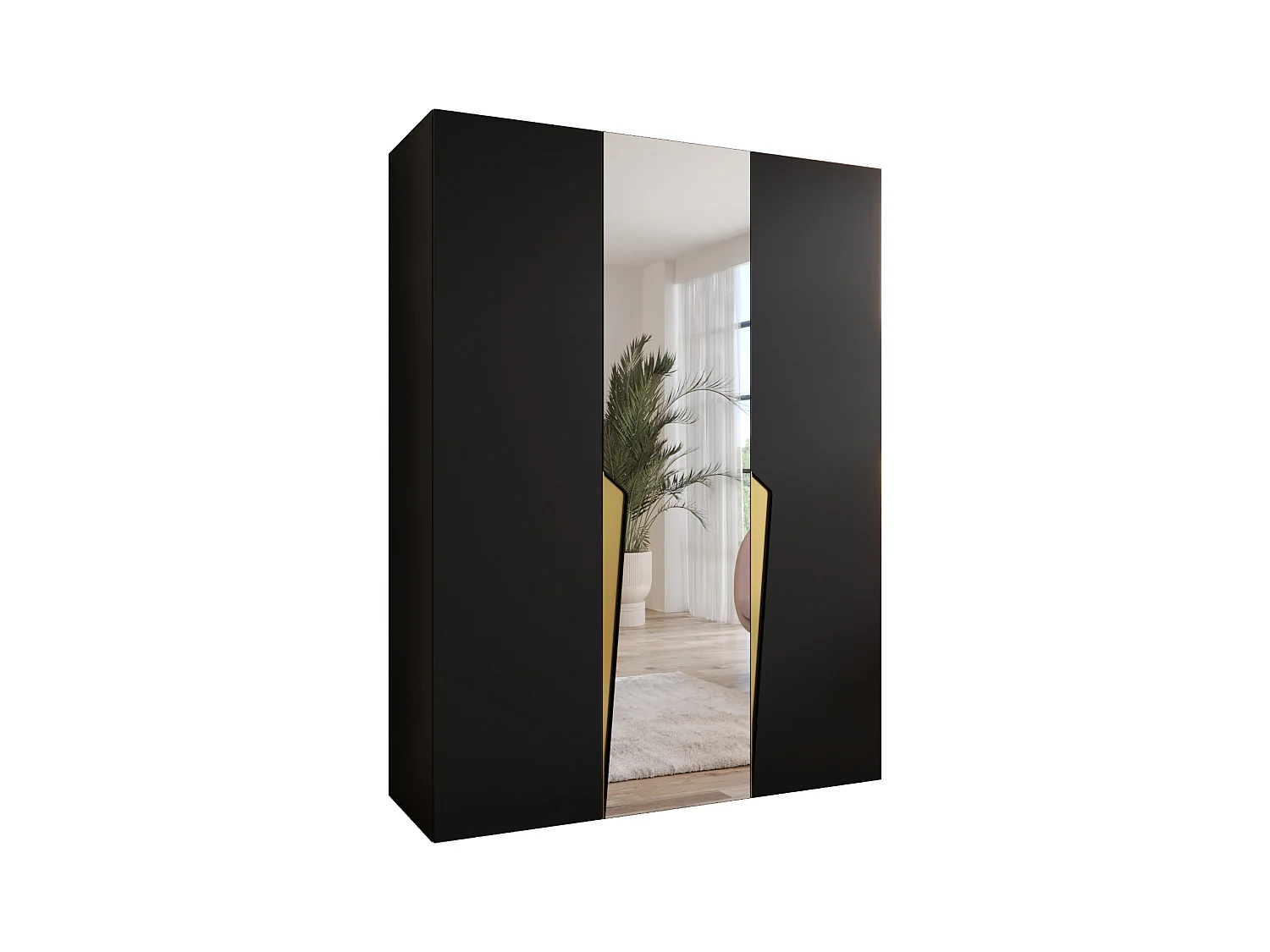 Armadio con ante a battente Piano 2 150 / 202 / 52 (Nero + Maniglie: Oro)