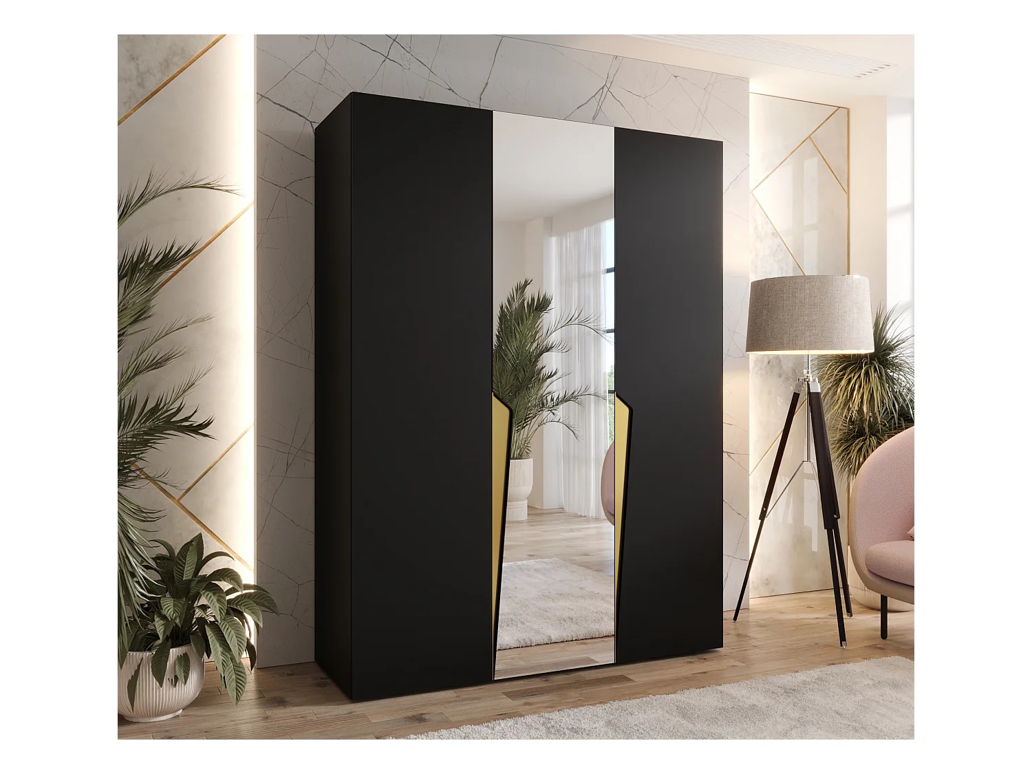 Armadio con ante a battente Piano 2 150 / 202 / 52 (Nero + Maniglie: Oro)