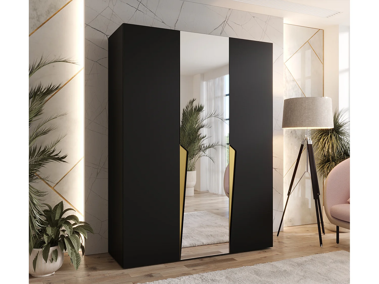 Armoire à portes battantes Piano 2 150 / 202 / 52 (Noir + poignées: Gold)