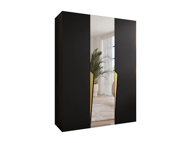 Armoire à portes battantes Piano 2 150 / 202 / 52 (Noir + poignées: Gold)