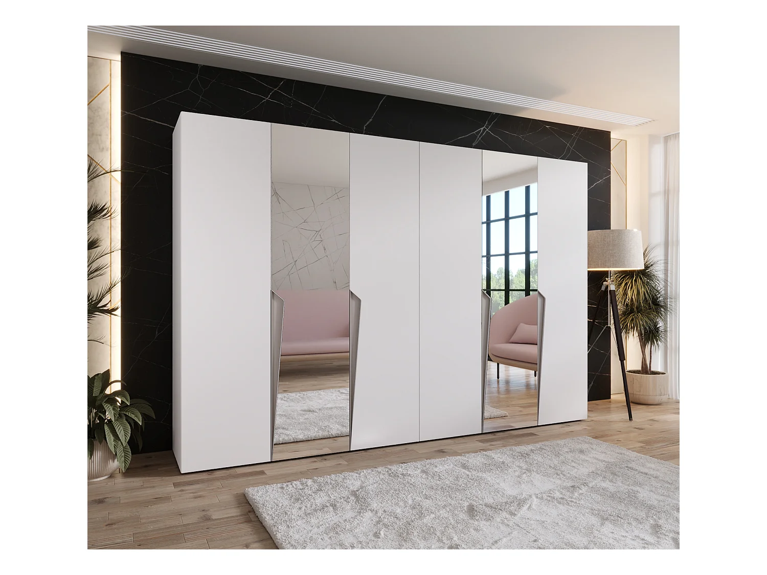 Armoire à portes battantes Piano 2 300 (150x2) / 202 / 52 (Blanc + poignées: Cachemire)