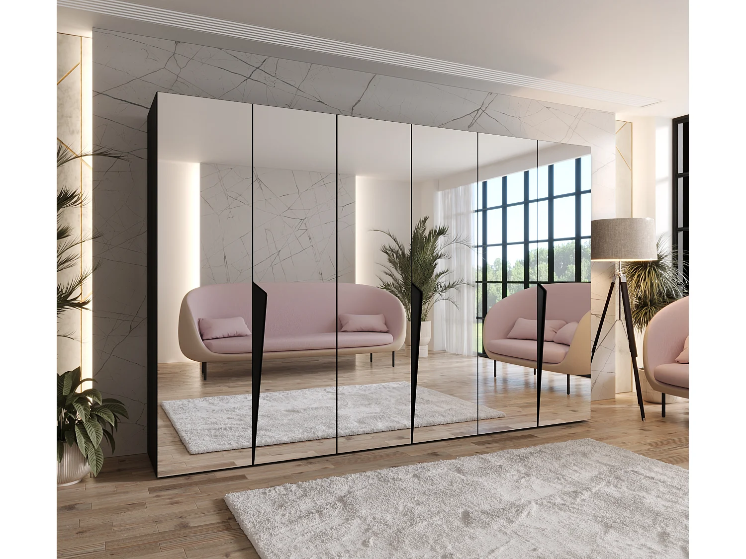 Armario con puertas batientes Piano 3 300 (100x3) / 202 / 52 (Negro + Asas: Negro)