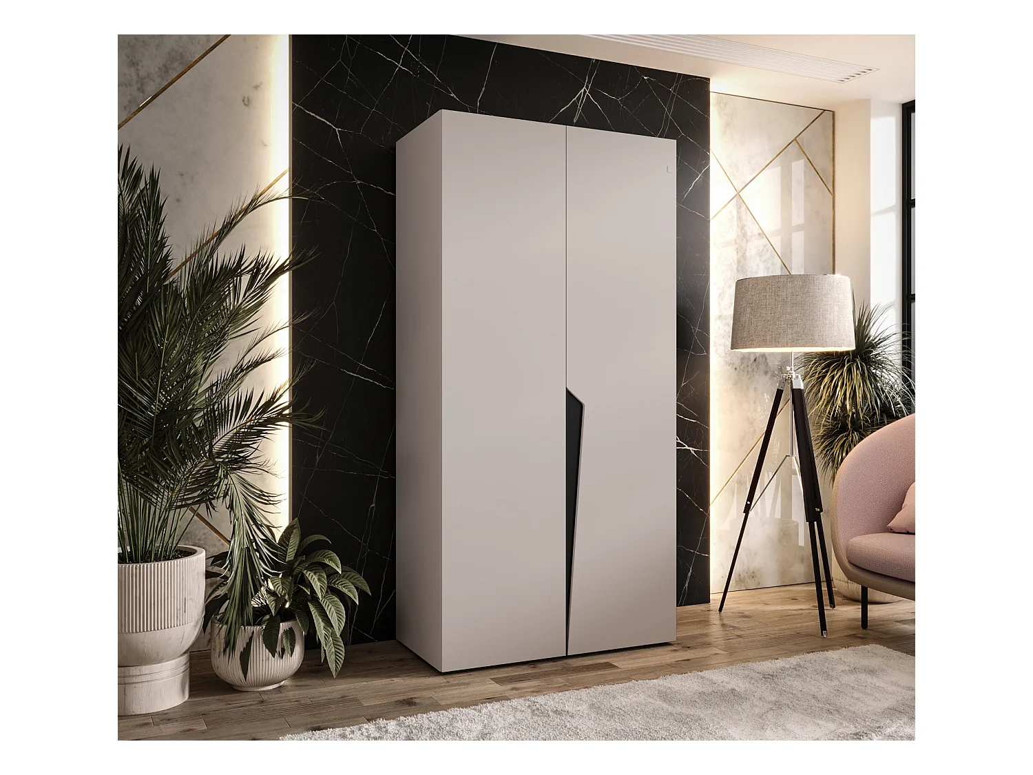 Drehtürenschrank Piano 1 100 / 202 / 52 (Kaschmir + Griffe: Schwarz)