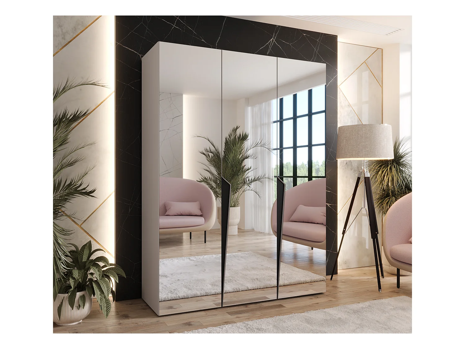 Armario con puertas batientes Piano 3 150 / 202 / 52 (Cachemira + Asas: Negro)