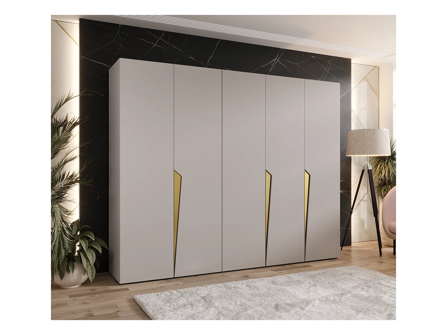 Drehtürenschrank Piano 1 250 / 202 / 52 (Kaschmir + Griffe: Gold)