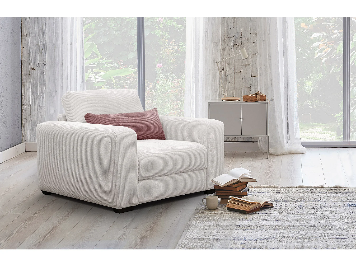 FAUTEUIL OLI en velours côtelé gris clair