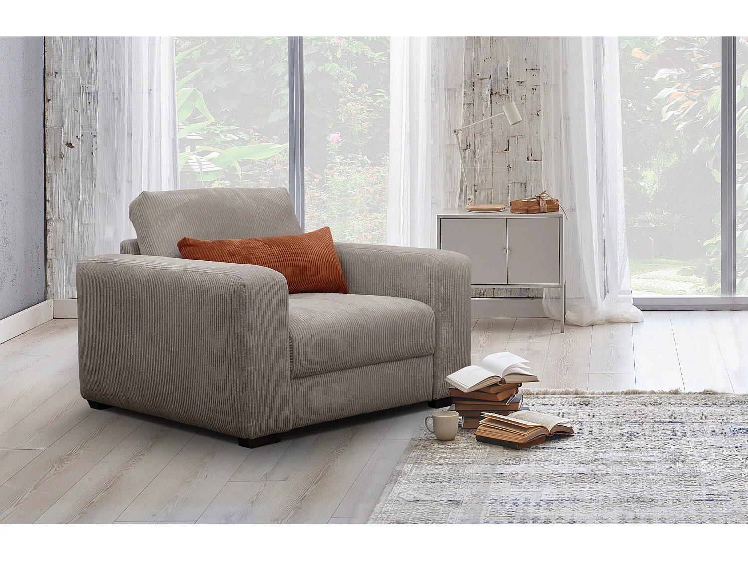 FAUTEUIL OLI en velours côtelé blanc perle