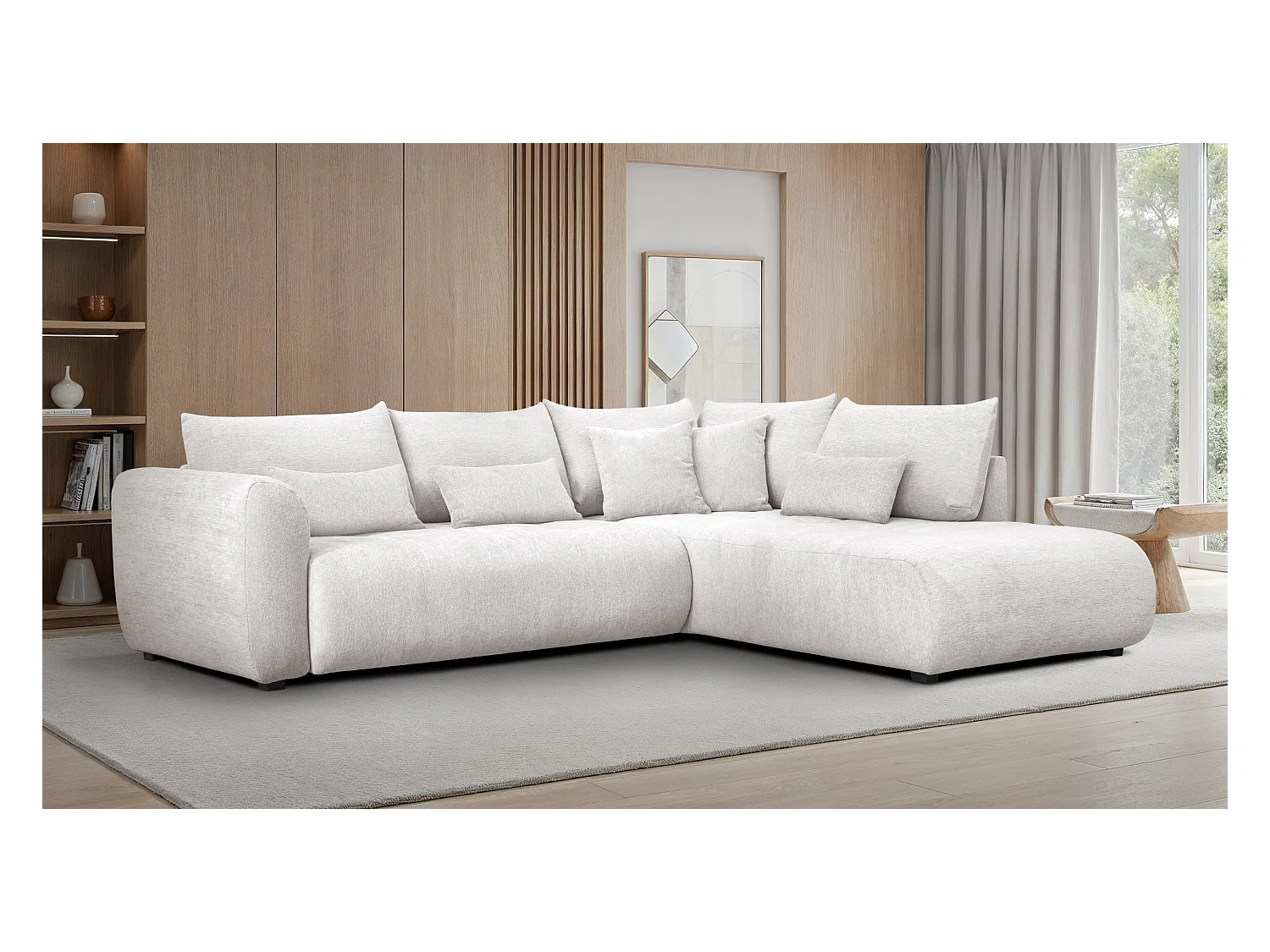 Canapé d'angle 5 places SORENO, tissu ecru