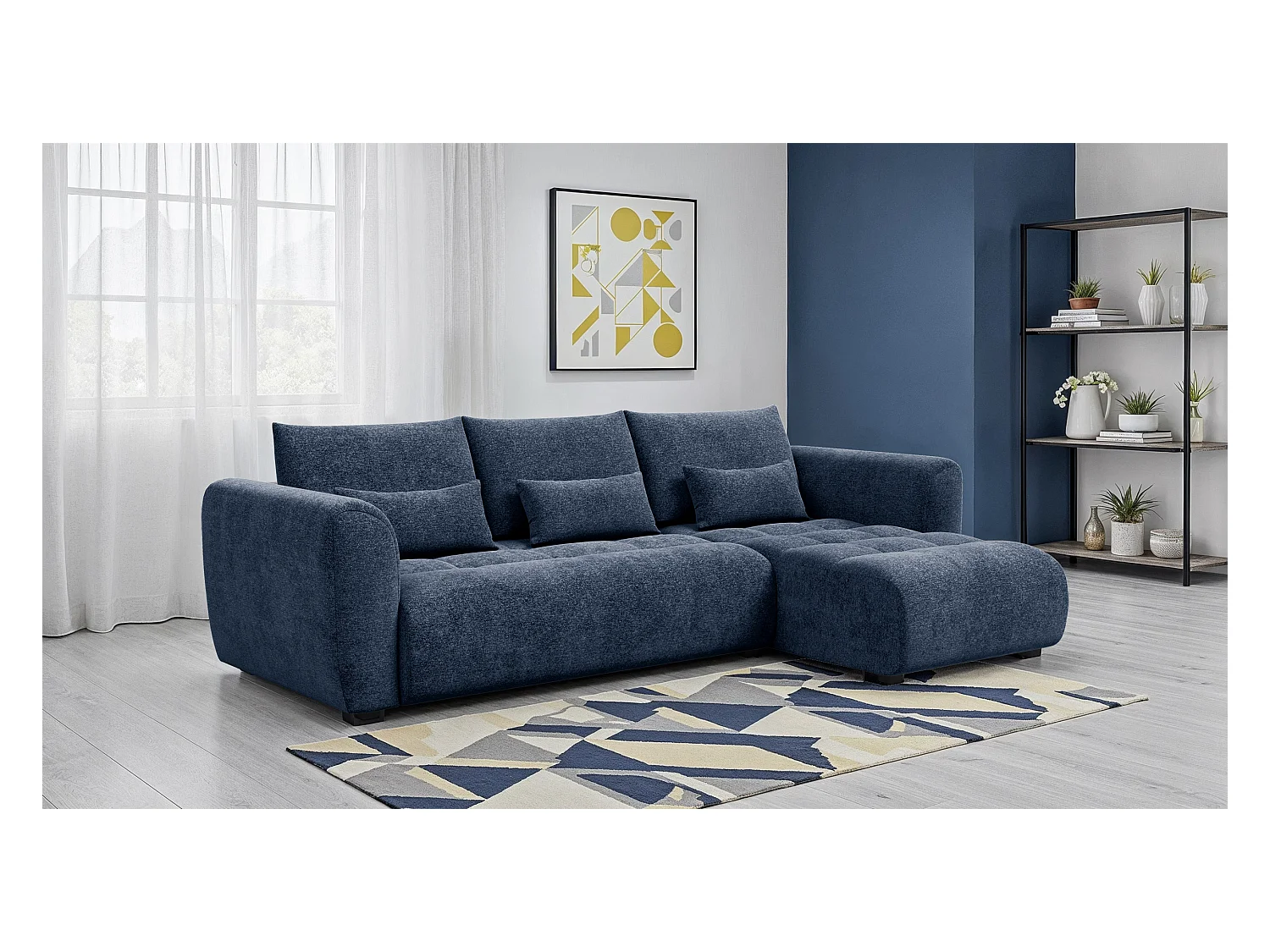 Canapé d'angle 4 places SORENO, tissu bleu marine