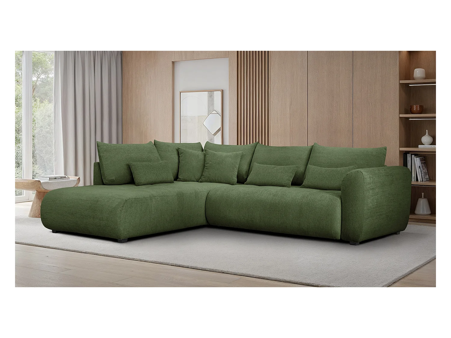 Canapé d'angle 5 places SORENO, tissu vert