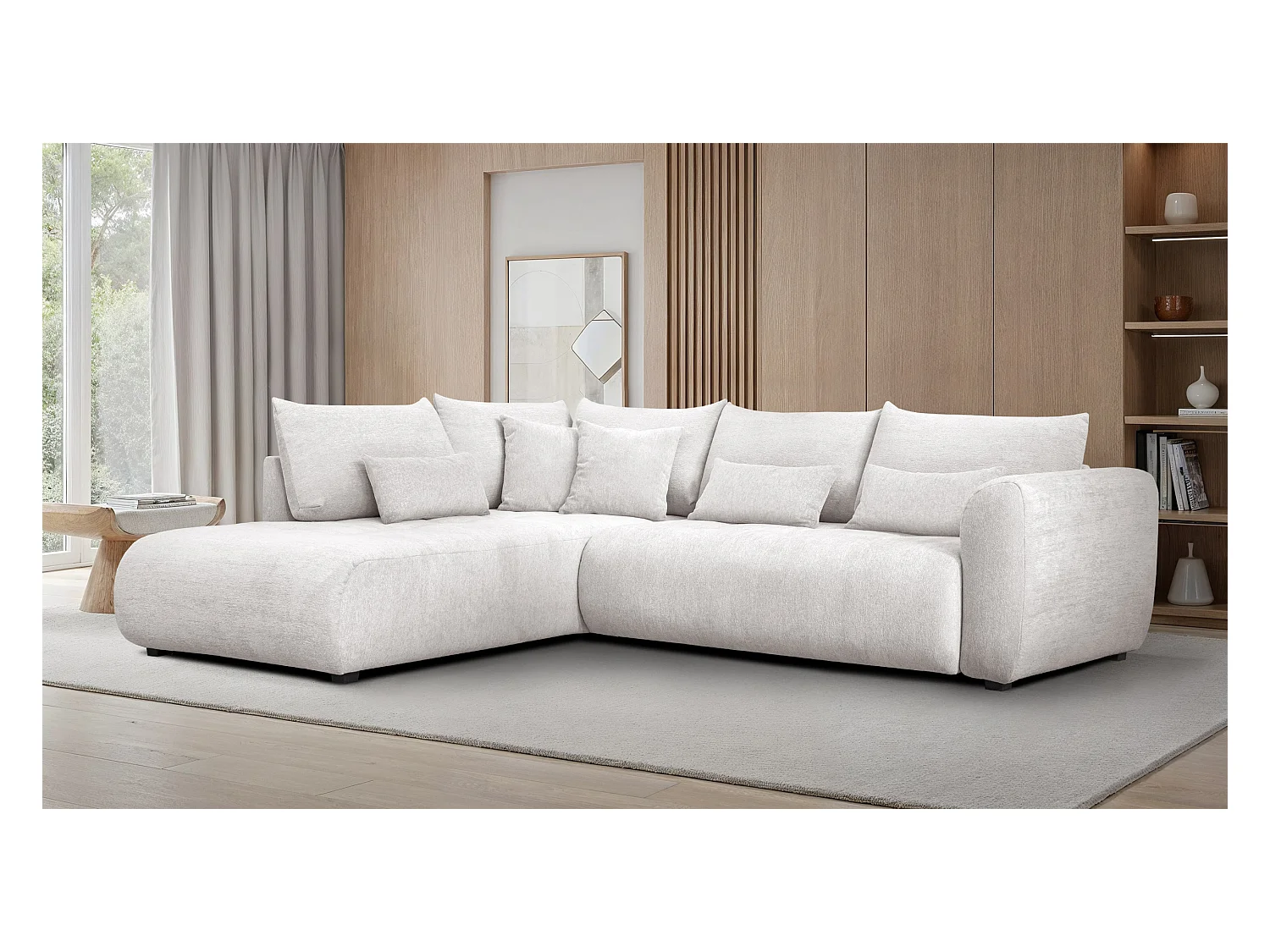 Canapé d'angle 5 places SORENO, tissu ecru