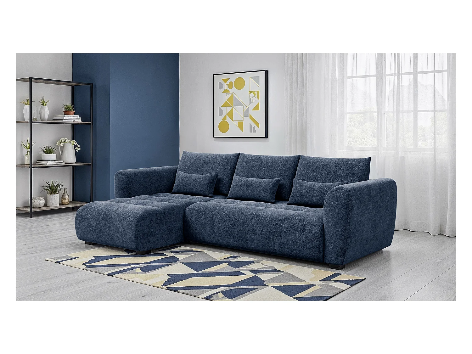 Canapé d'angle 4 places SORENO, tissu bleu marine