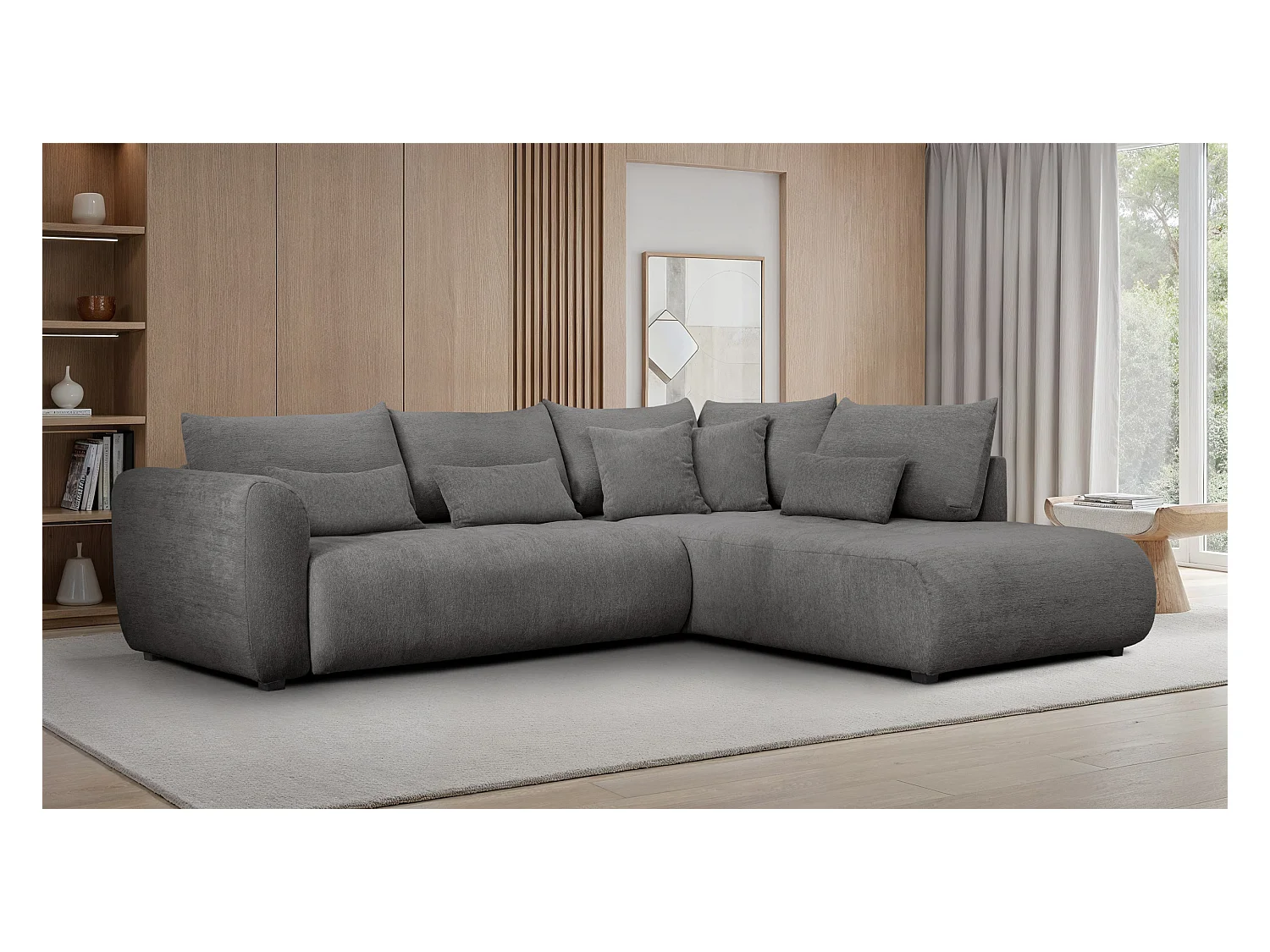 Canapé d'angle 5 places SORENO, tissu gris foncé