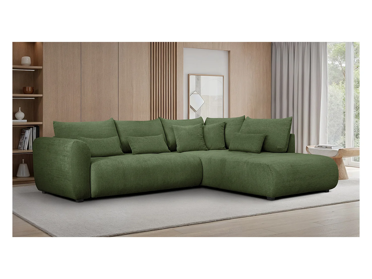 Canapé d'angle 5 places SORENO, tissu vert