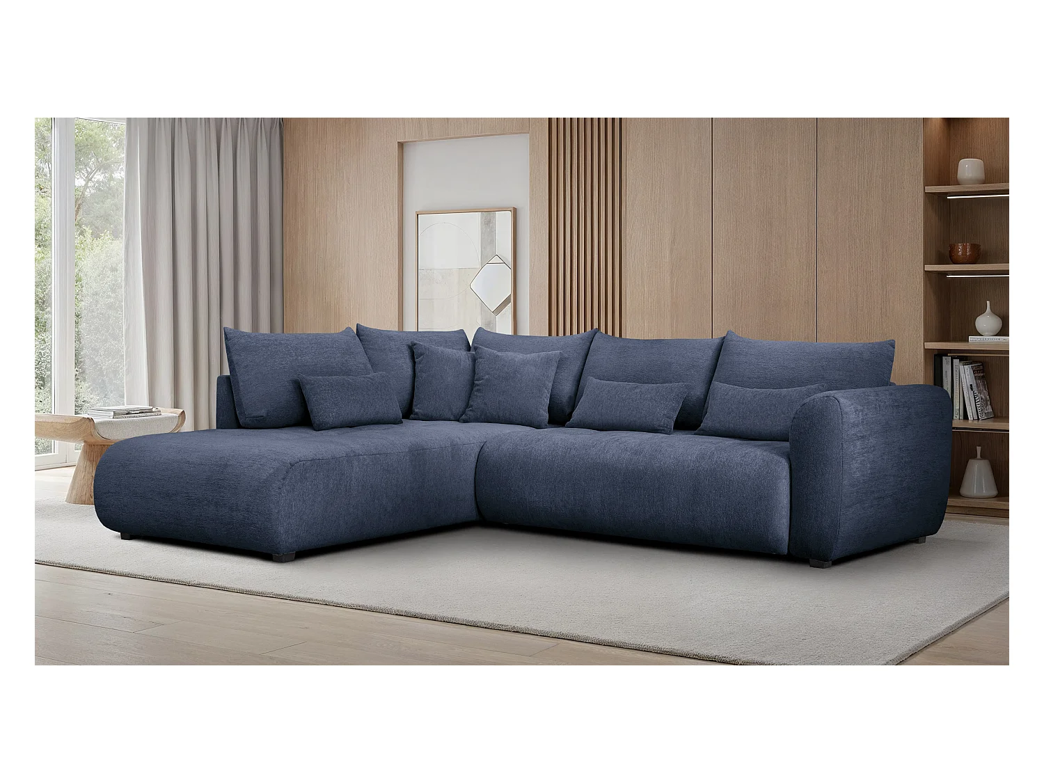 Canapé d'angle 5 places SORENO, tissu bleu marine
