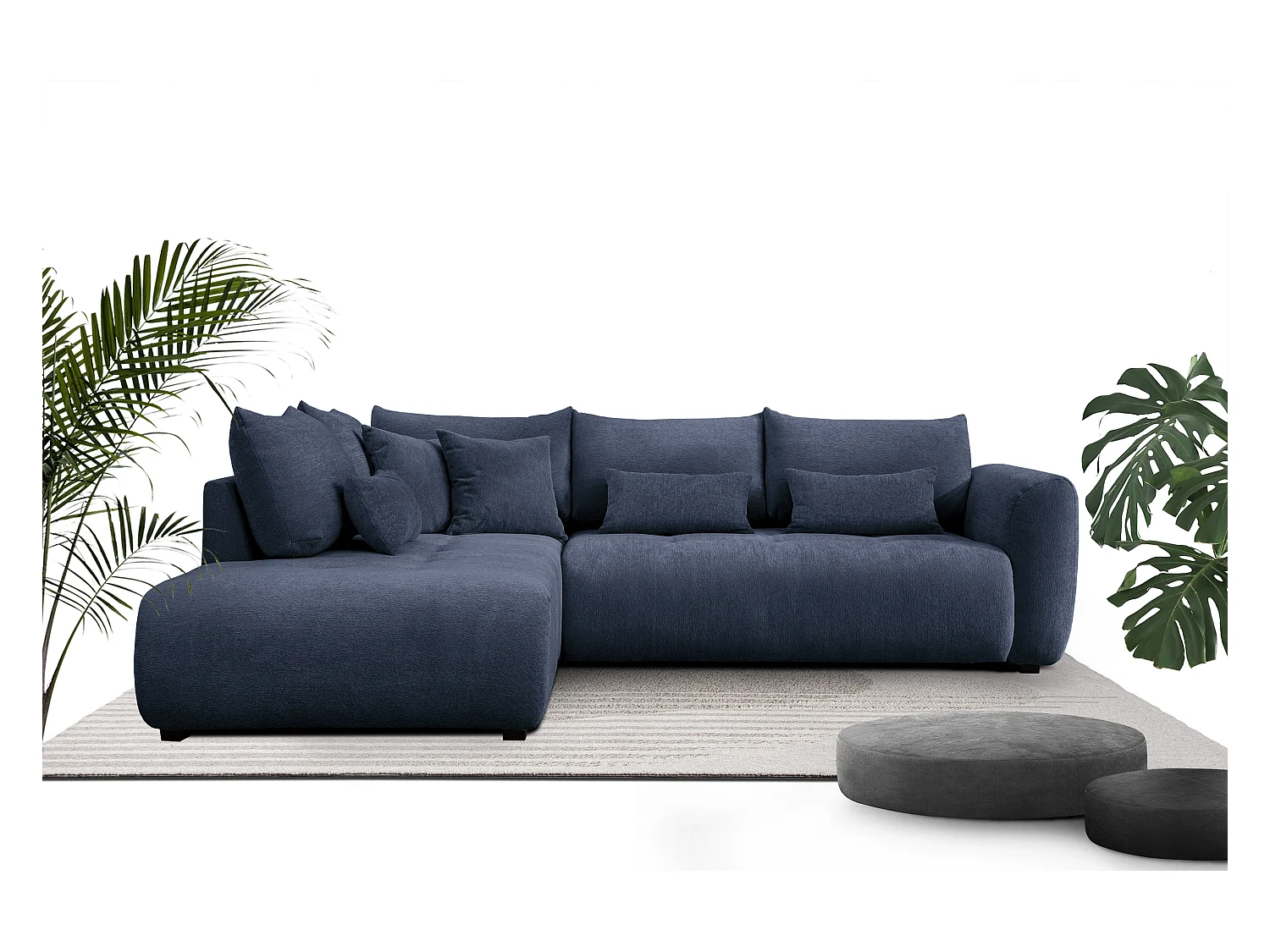 Canapé d'angle 5 places SORENO, tissu bleu marine