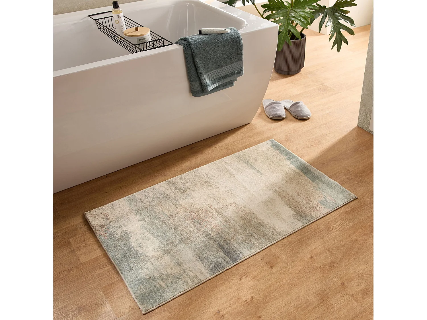 Tapis de bain imprimé à poils doux 60x100 cm beige multi Ariella