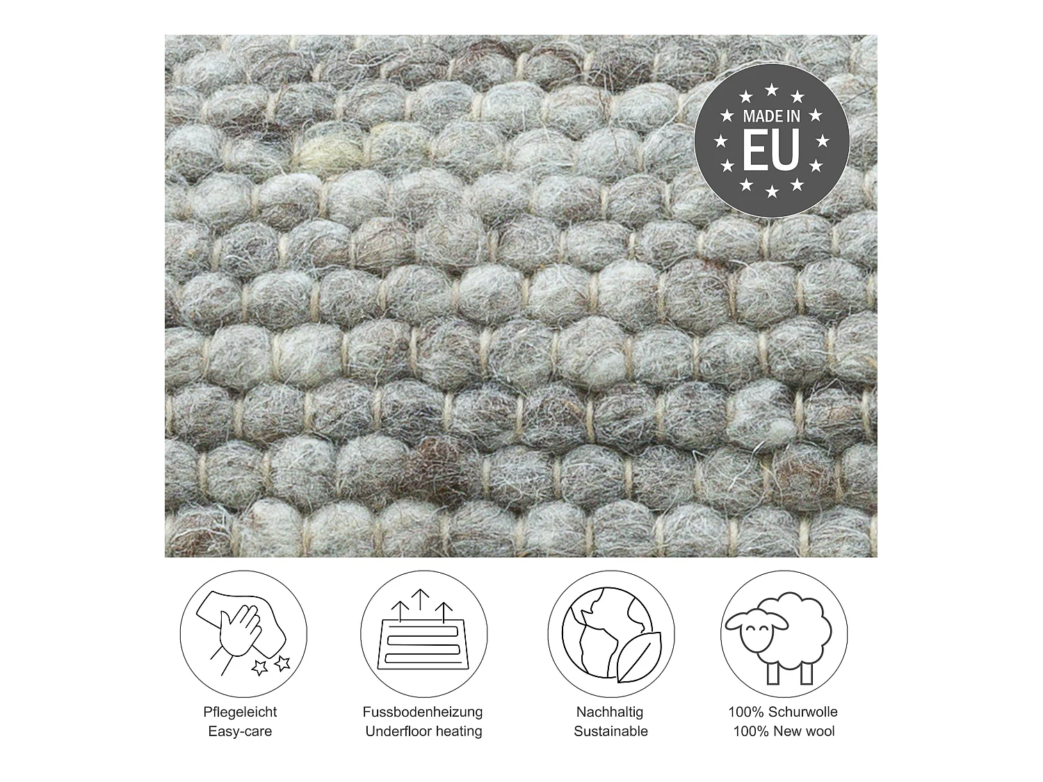 Tapis en laine réversible tissé à la main 120x180 cm natural gris Alpen