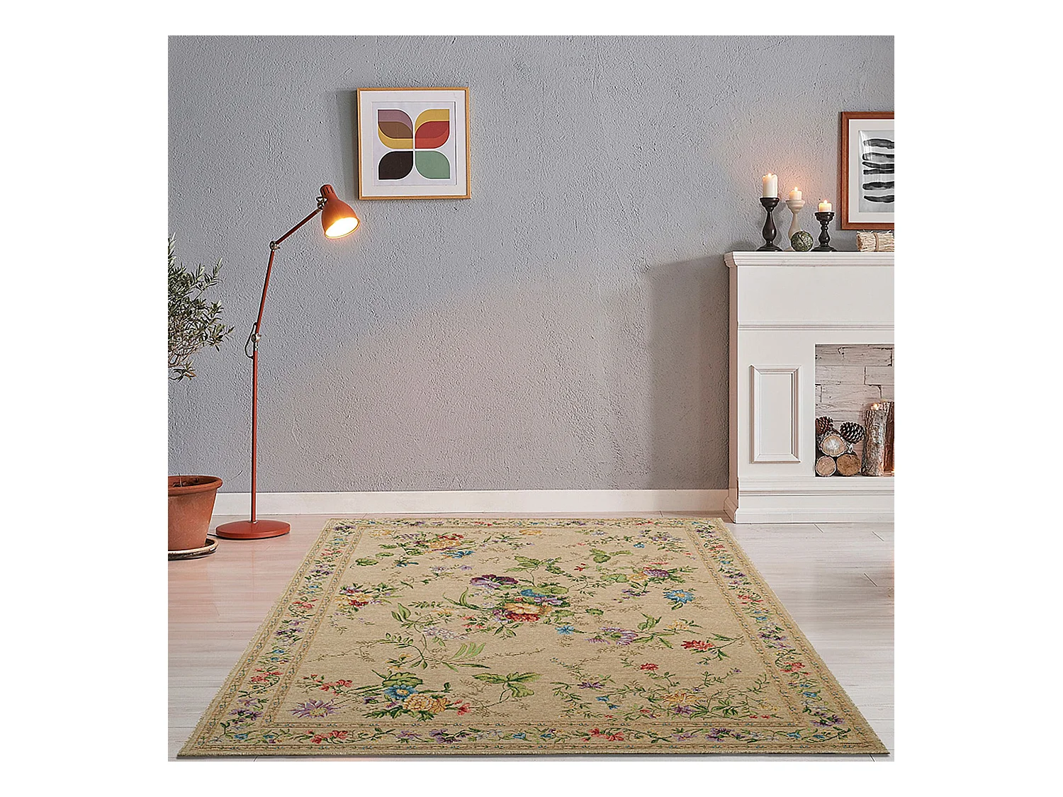 Teppich mit Bordüre und Blumenmuster 120x170 cm Beige Flomi