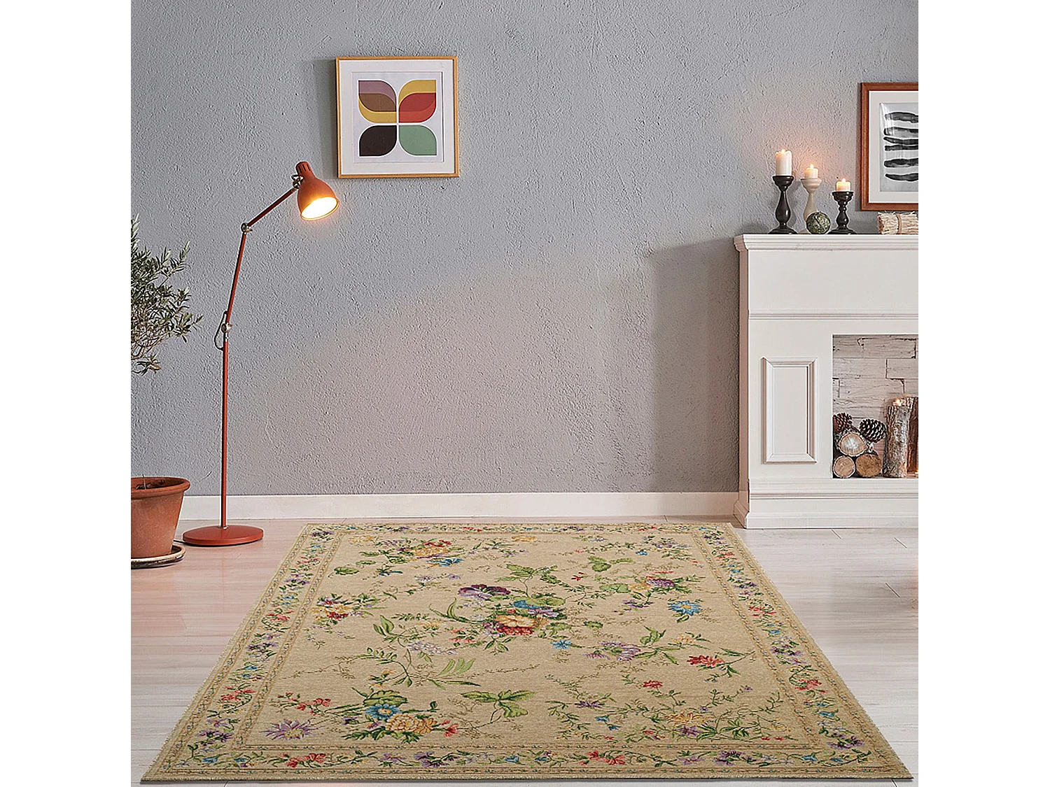 Tapis avec bordure et motif floral 120x170 cm beige Flomi
