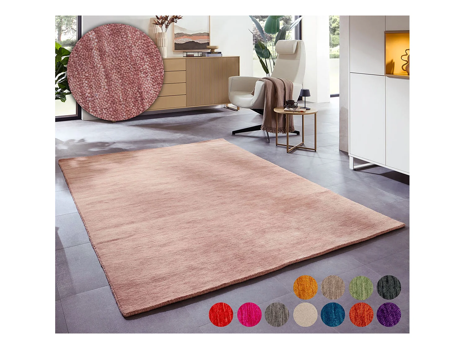 Handgewebter UNI Teppich 190x250 cm Rose Holi