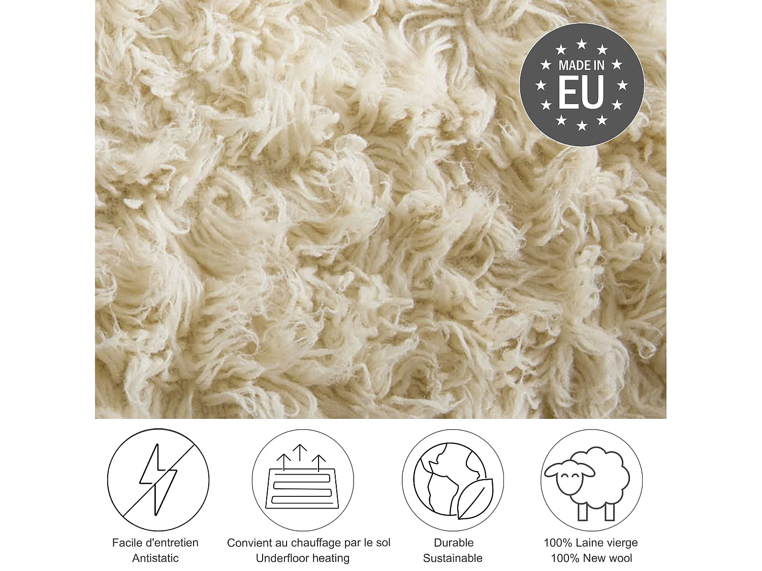Tapis Flokati provenant de Grèce diamètre 120 cm natural Flokos 1250
