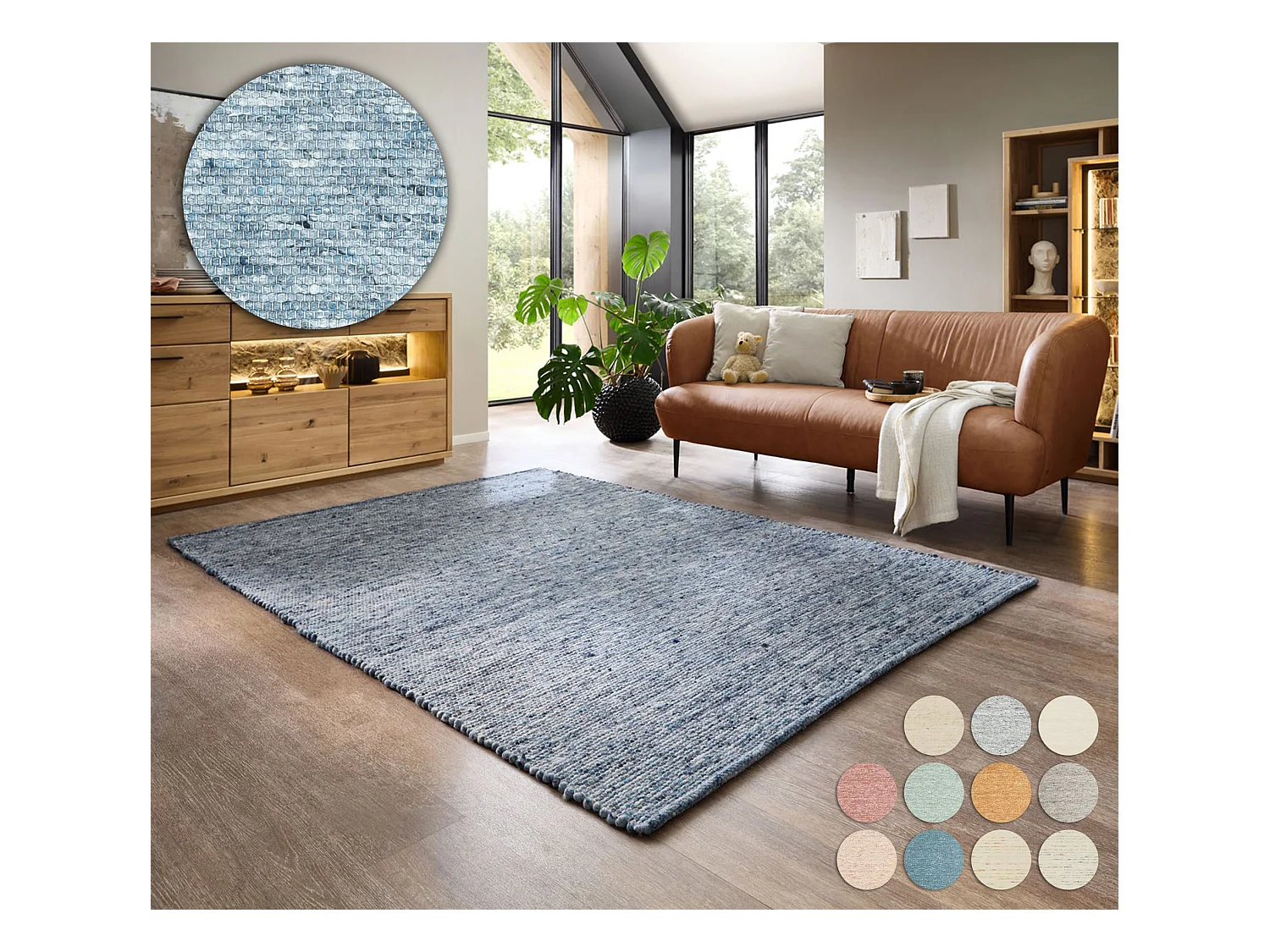 Handgewebter wendbarer Wollteppich 140x200 cm Blau Alpen