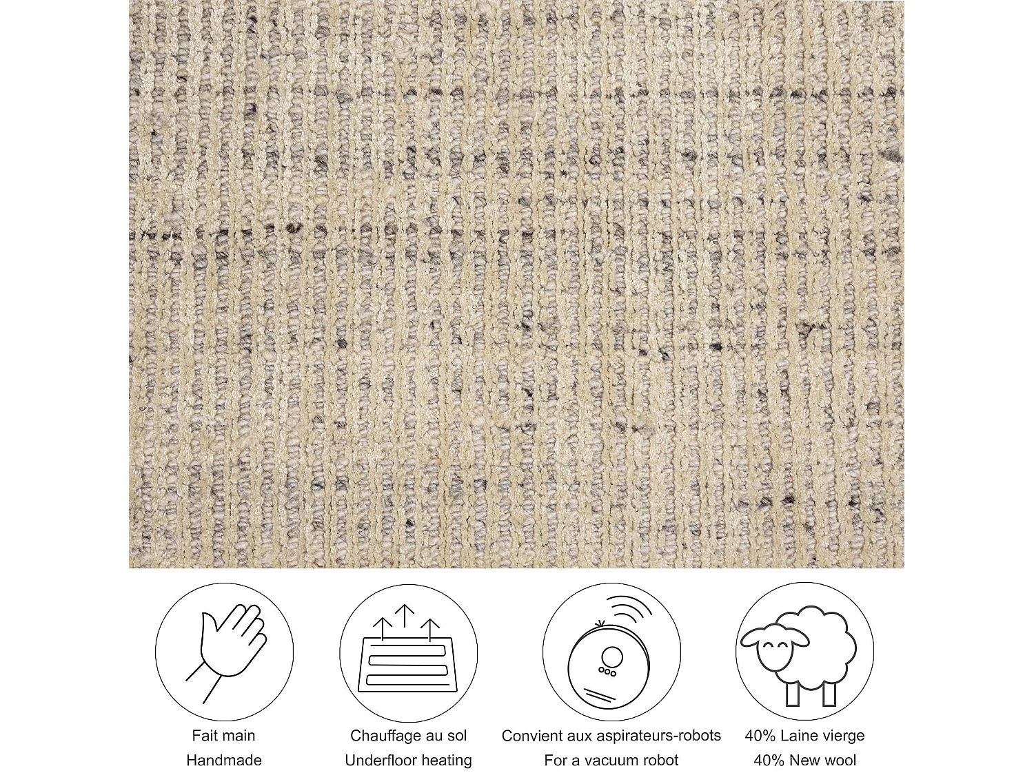 Tapis UNI rayé en viscose et laine 150x150 cm beige Venus