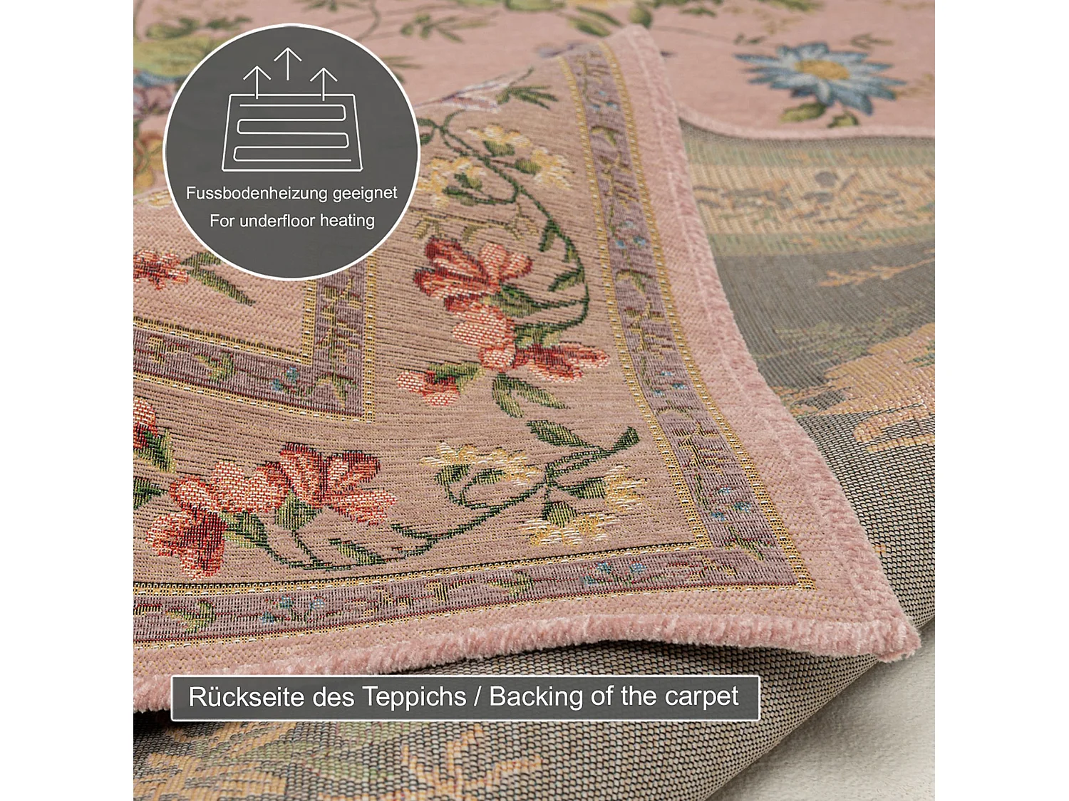 Tapis avec bordure et motif floral 70x120 cm rose Flomi