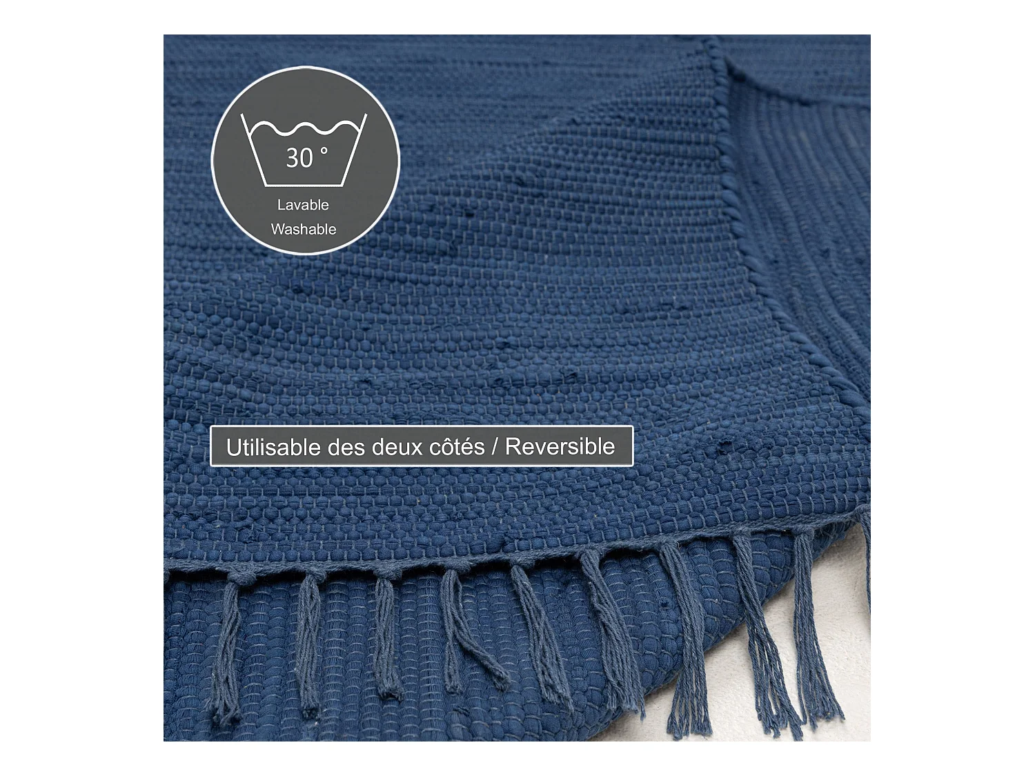 Tapis en coton tissé à la main et réversible 40x60 cm bleu Happy Cotton