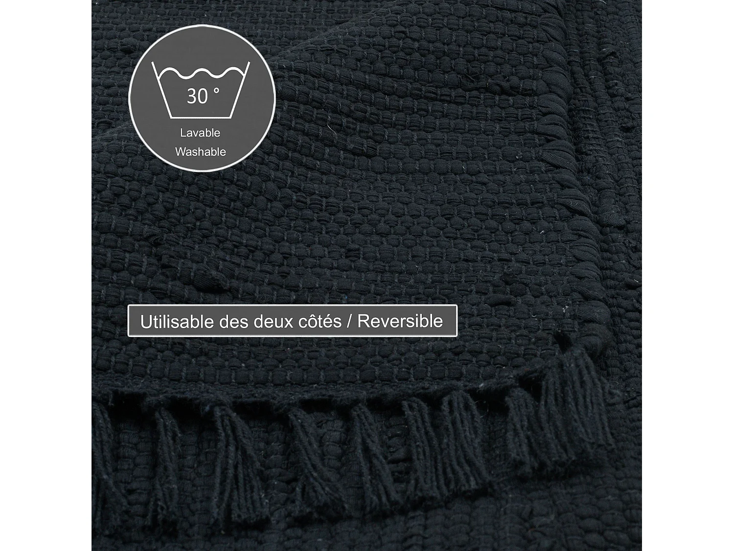 Tapis en coton tissé à la main et réversible 60x120 cm noir Happy Cotton