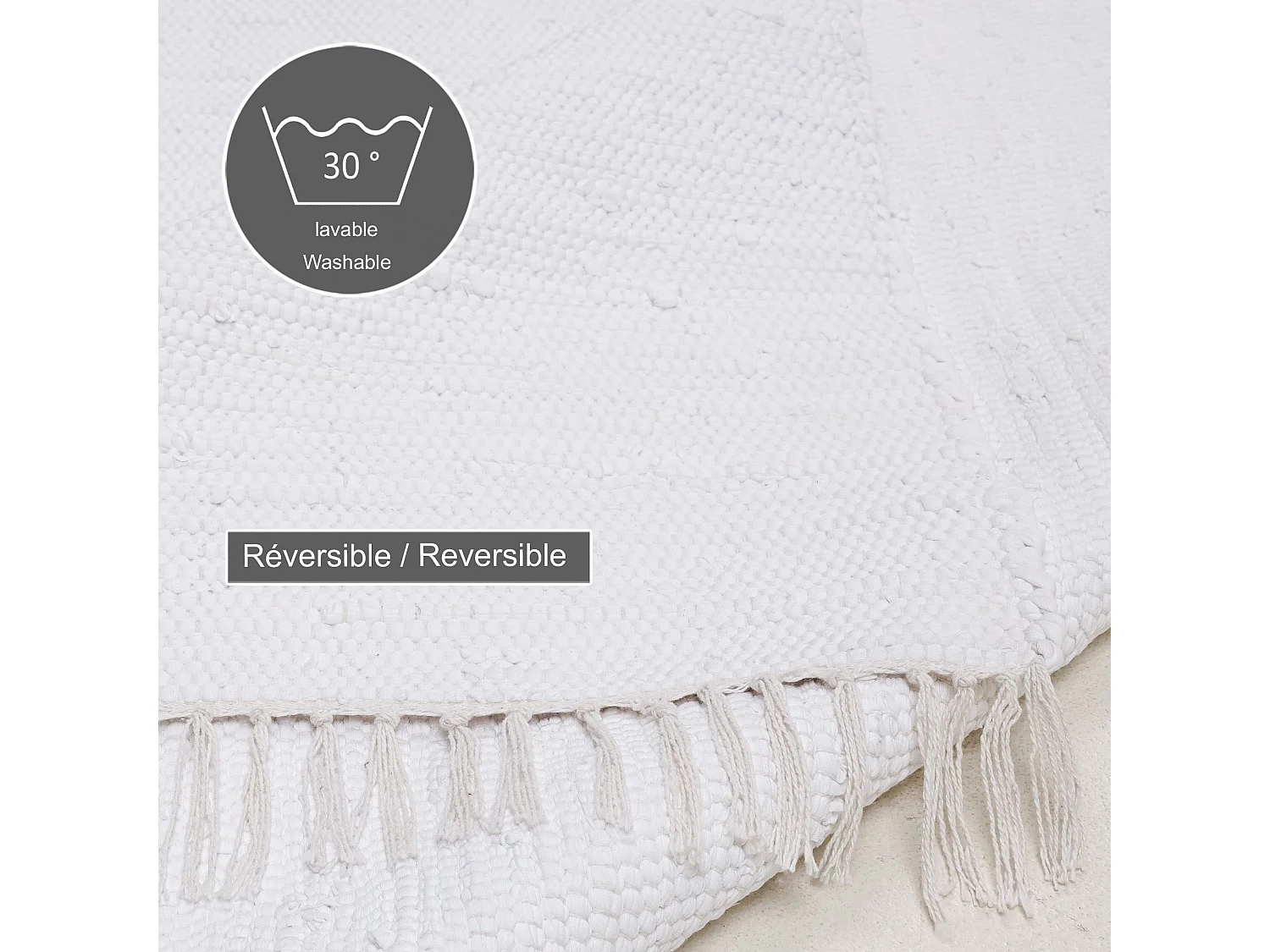 Tapis en coton tissé à la main et réversible 90x160 cm blanc Happy Cotton