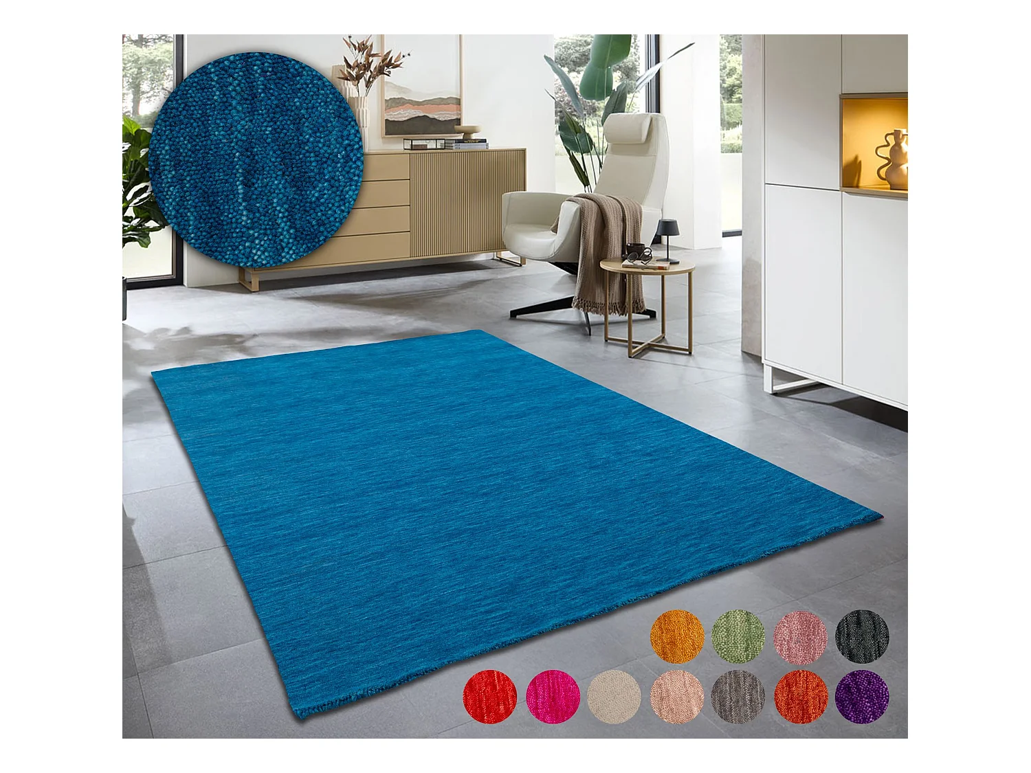 Handgewebter UNI Teppich 60x90 cm Blau Holi