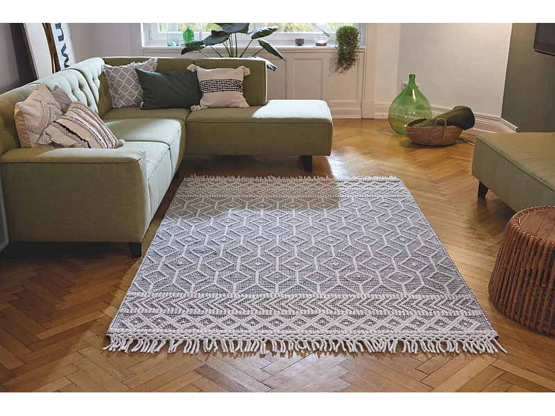 Tapis tissé à la main au design ethnique  190x290 cm gris Colored Macrame