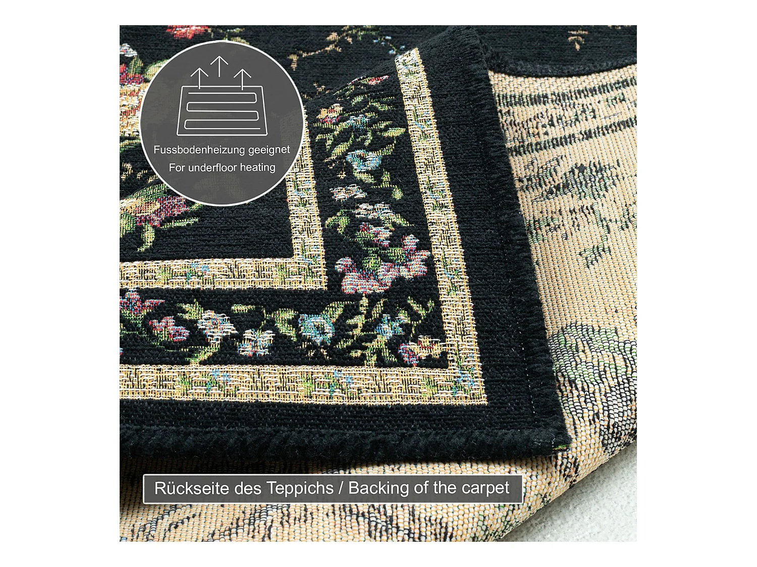 Teppich mit Bordüre und Blumenmuster 200x290 cm Schwarz Flomi