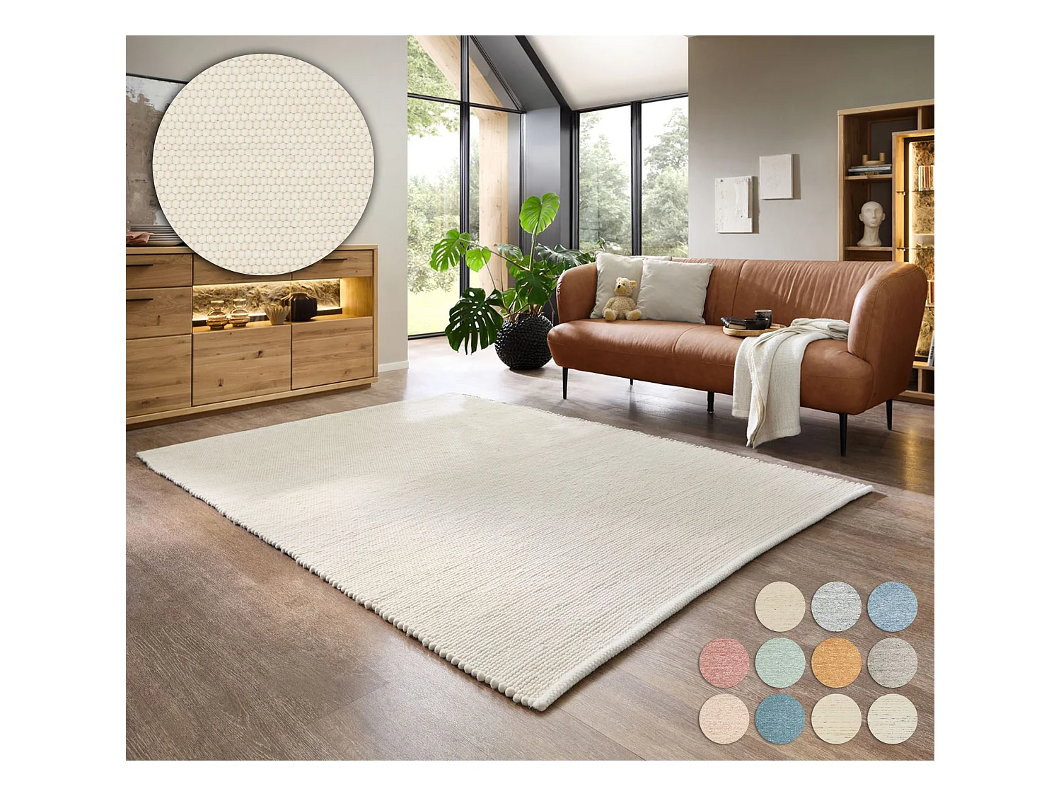 Handgewebter wendbarer Wollteppich 70x140 cm Woll Weiß Alpen