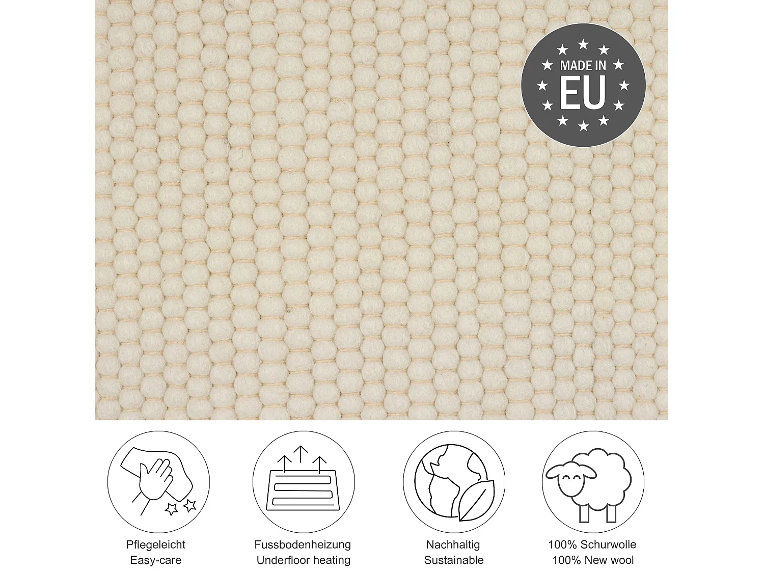 Tapis en laine réversible tissé à la main 70x140 cm natural blanc Alpen