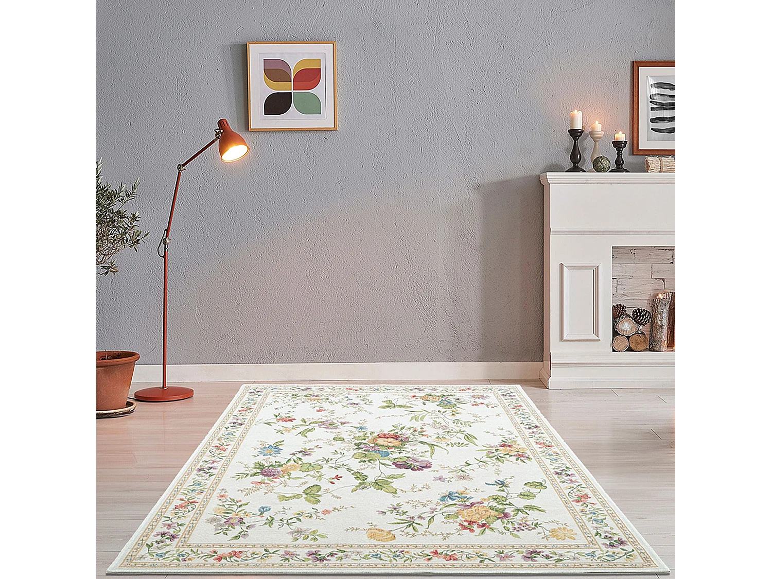 Tapis avec bordure et motif floral 240x330 cm crème Flomi