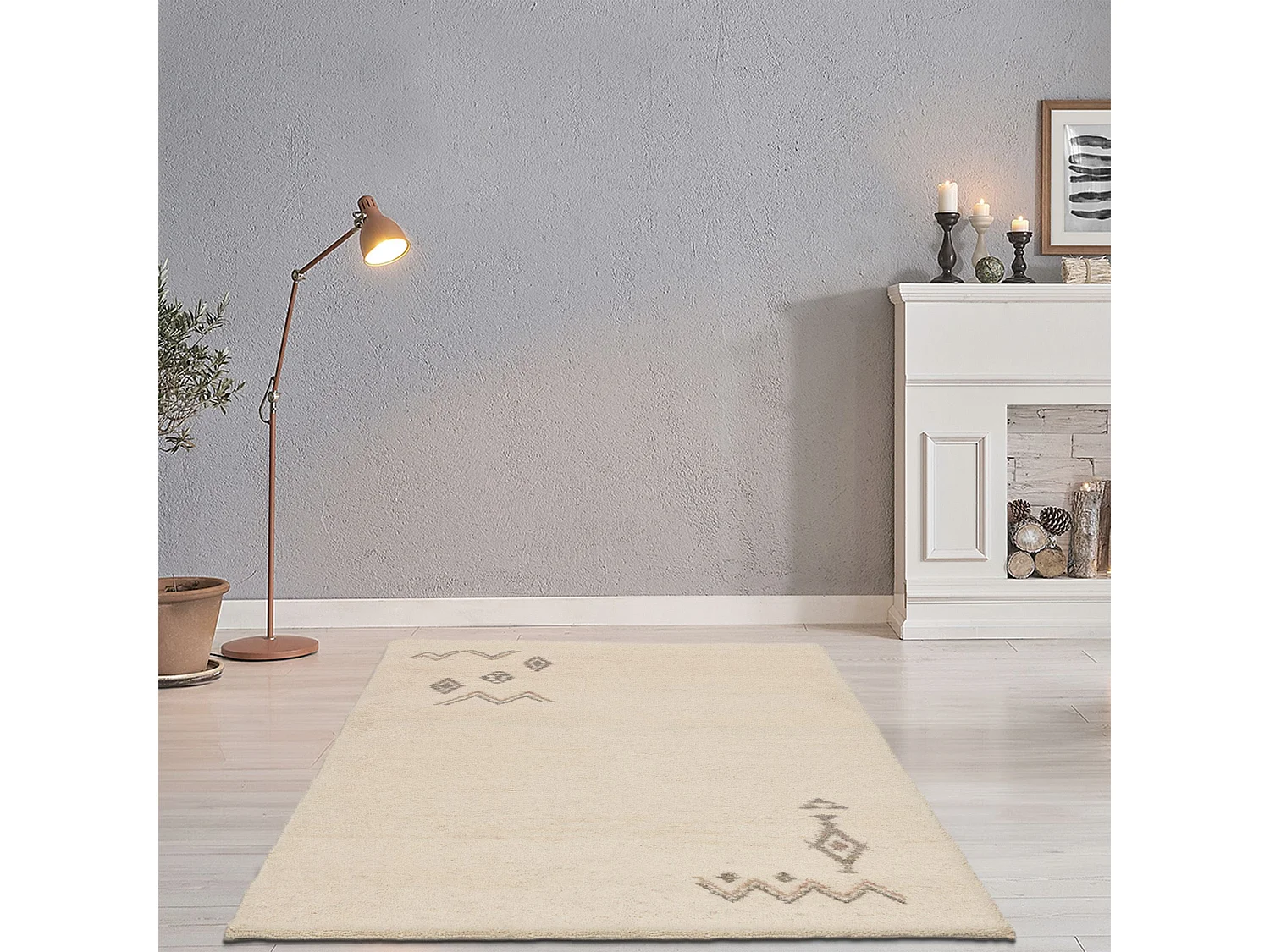 Tapis berbère noué à la main en laine 60x120 cm blanc Hadj