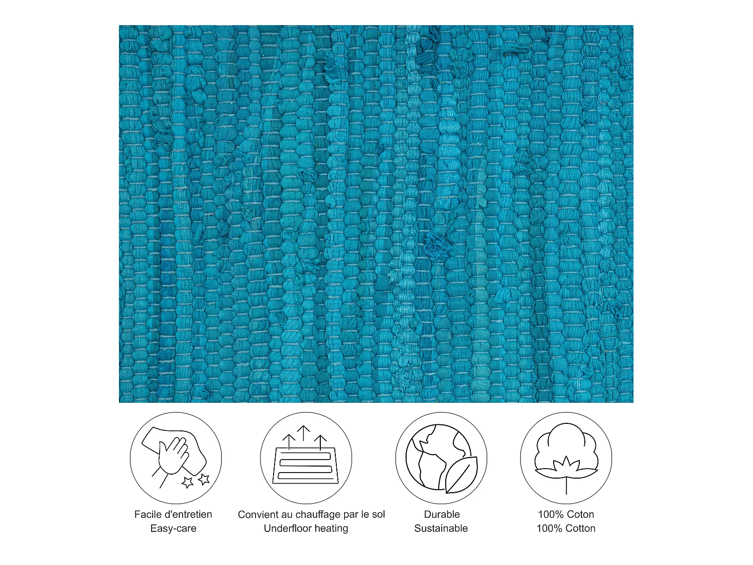 Tapis en coton tissé à la main et réversible 90x160 cm turquoise Happy Cotton