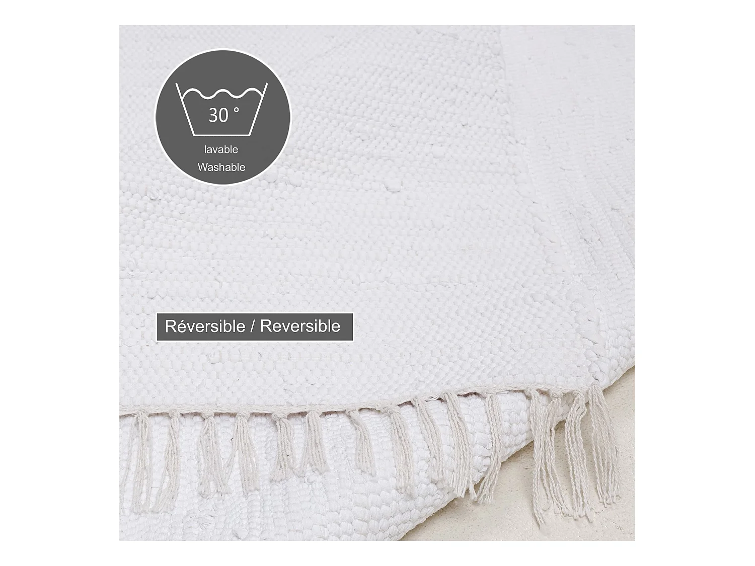 Tapis en coton tissé à la main et réversible 120x180 cm blanc Happy Cotton