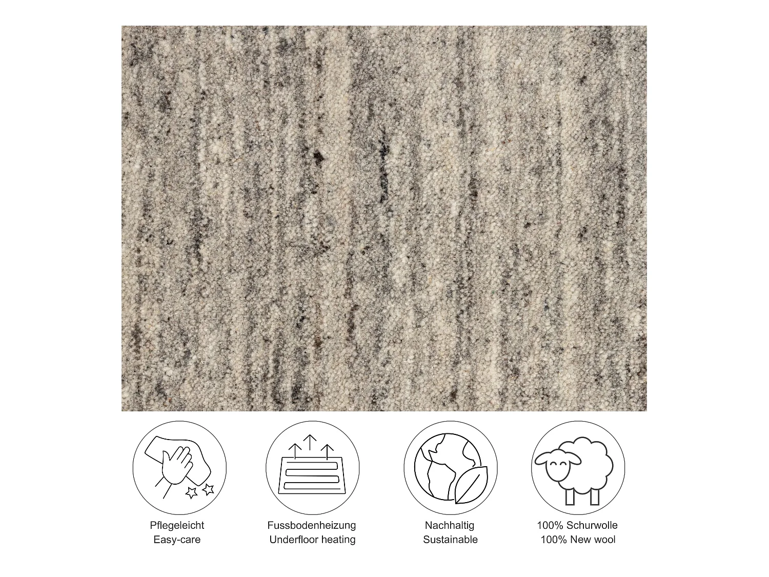 Handgewebter UNI Wollteppich 190x190 cm Grau Pure