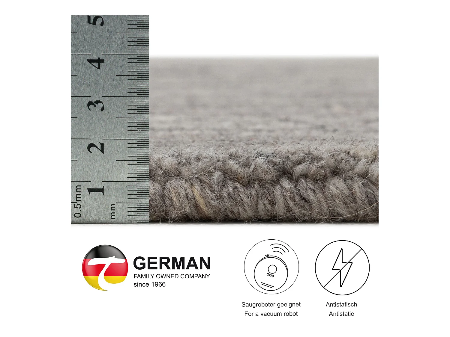 Handgewebter UNI Wollteppich 190x190 cm Grau Pure