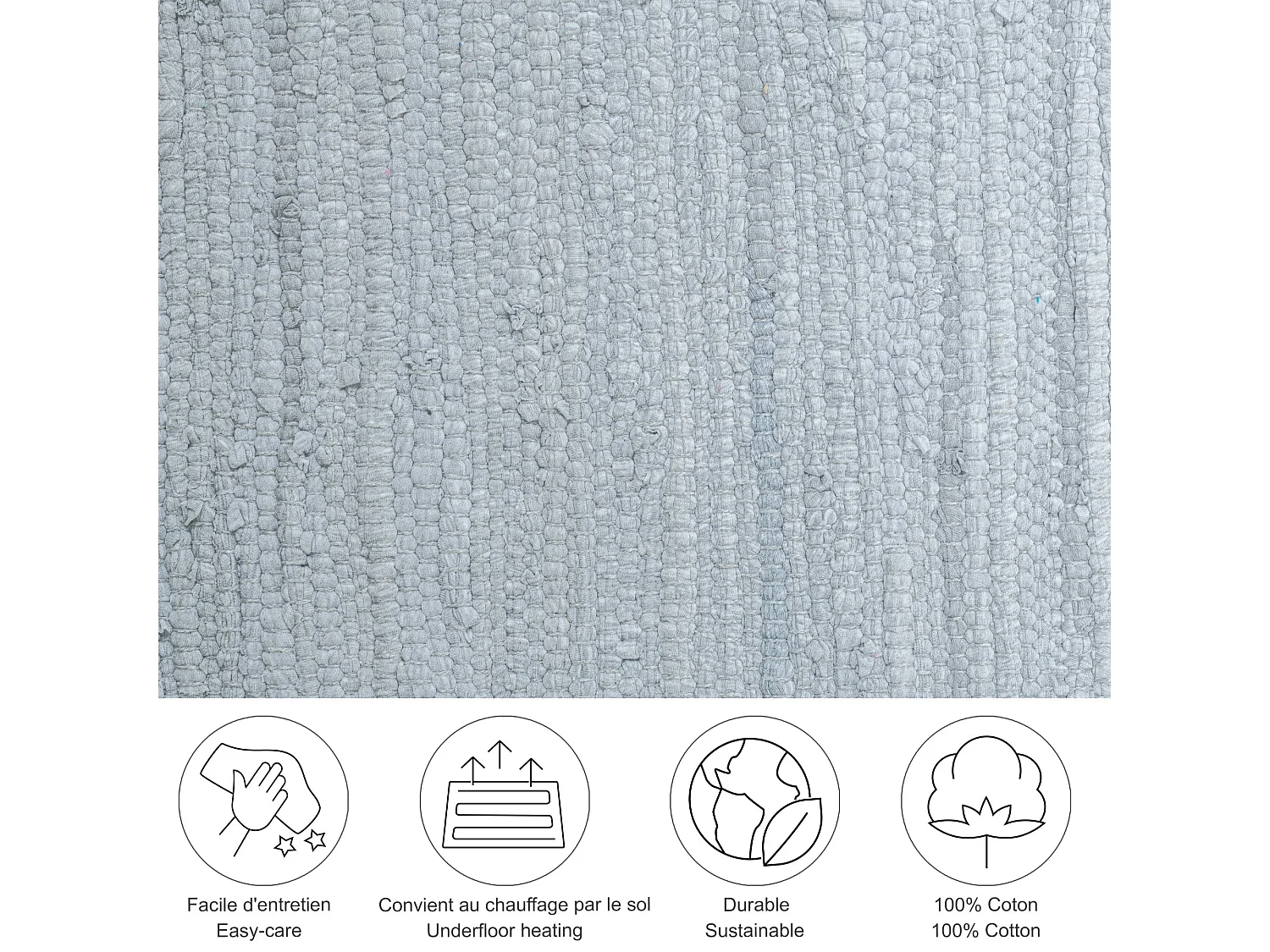 Tapis en coton tissé à la main et réversible 90x160 cm gris Happy Cotton