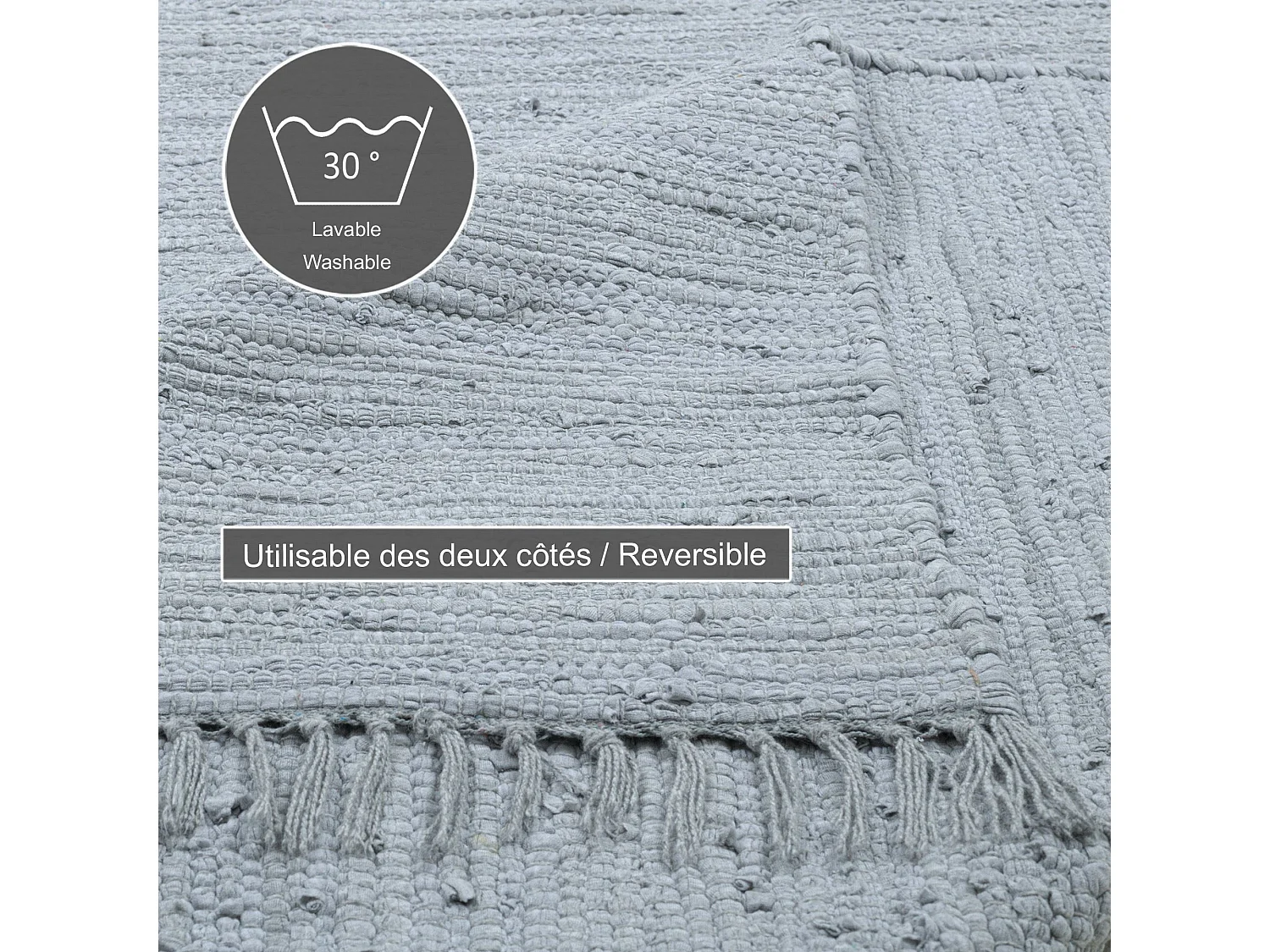 Tapis en coton tissé à la main et réversible 90x160 cm gris Happy Cotton