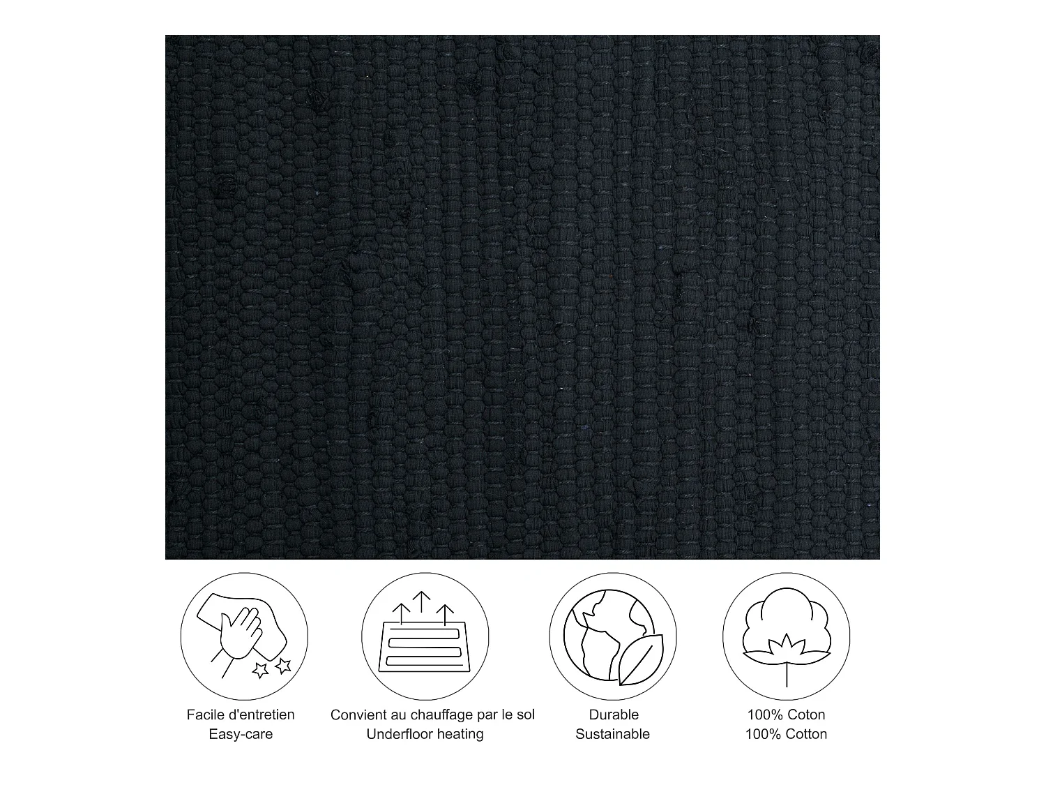 Baumwollteppich handgewebt und wendbar 90x160 cm Schwarz Happy Cotton